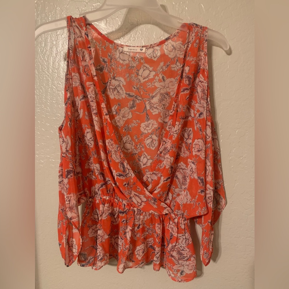 Soprano size XS cold shoulder cinched waist blouse with flowy sleeves